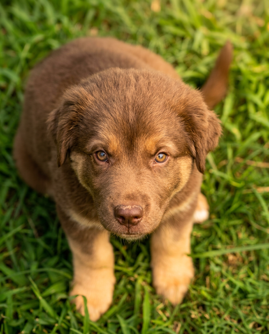 Dog walking and house sitting in Fort Smith, AR Brown puppy looking up from the grass during a dog walking visit with Fort Smith pet sitter Amari
